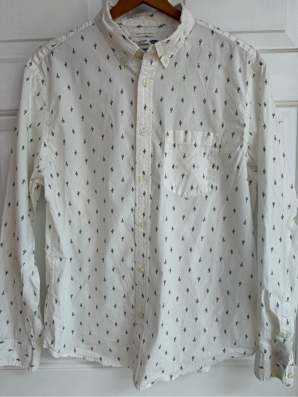 Old Navy White Button-Down Shirt with Small Green Cactus Print